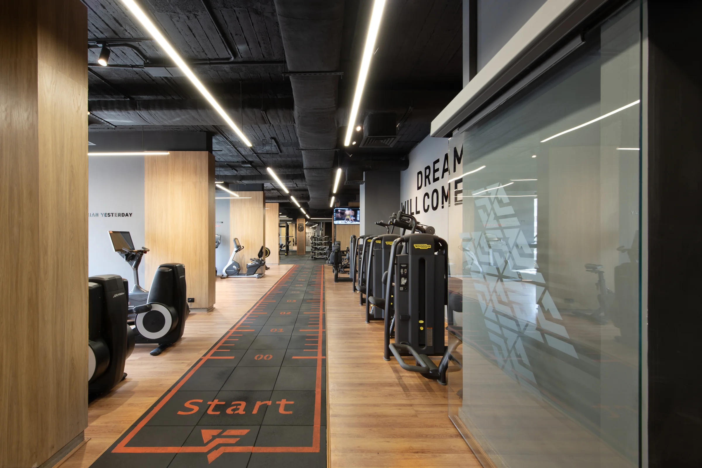 The track past a frosted glass partition.