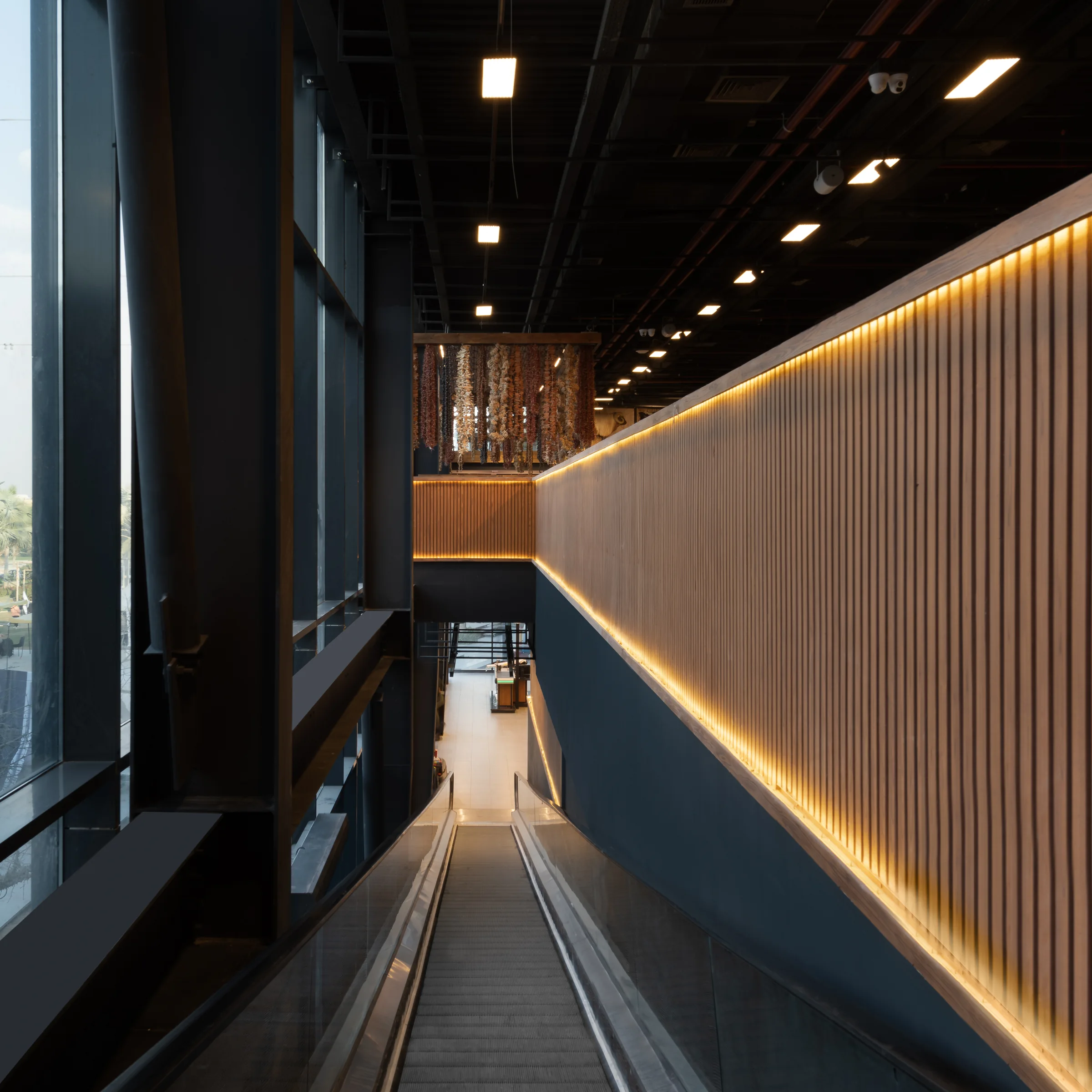The escalator rising past a slatted timber wall lit from within.