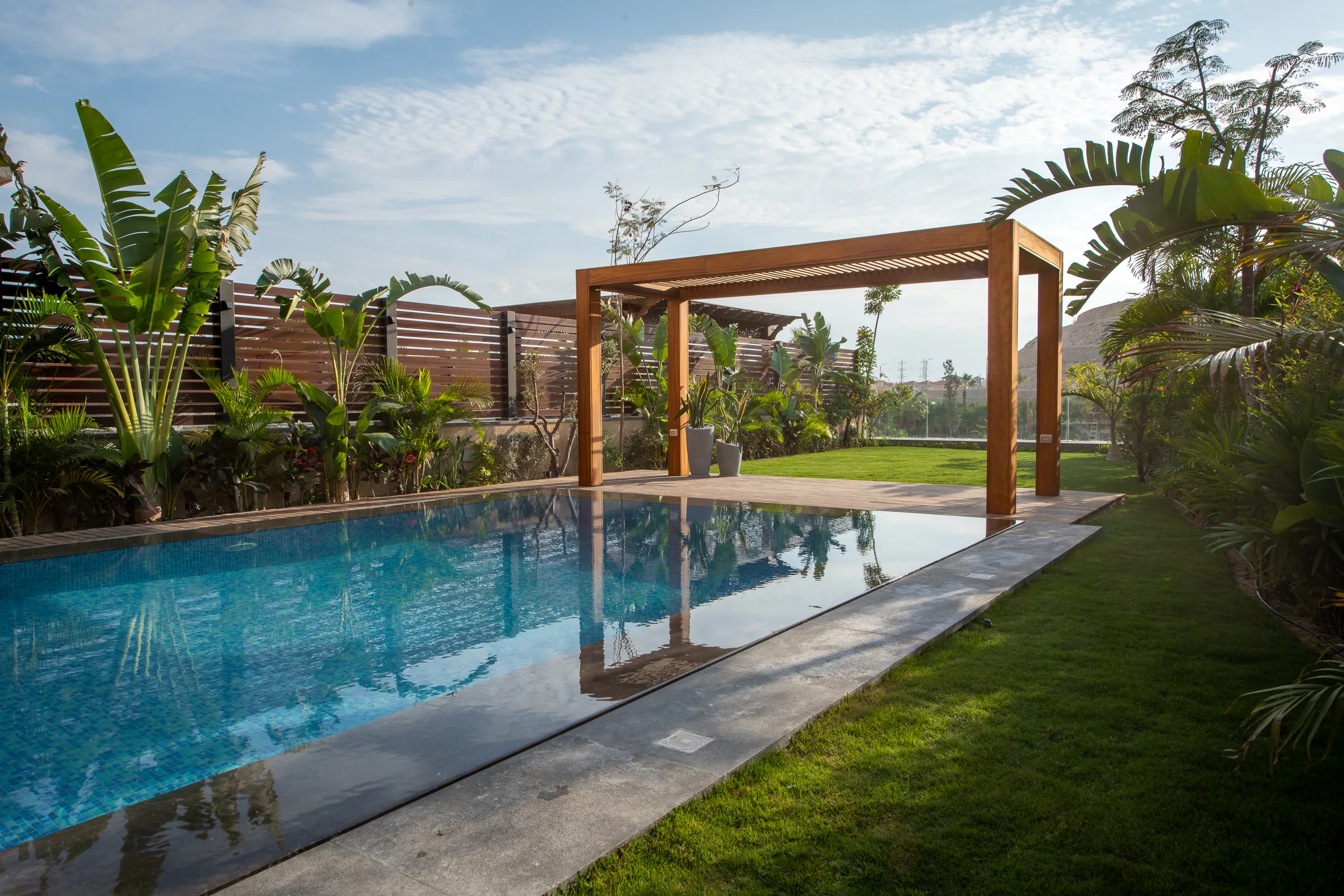 The pool by day, pergola and banana palms along the far edge.