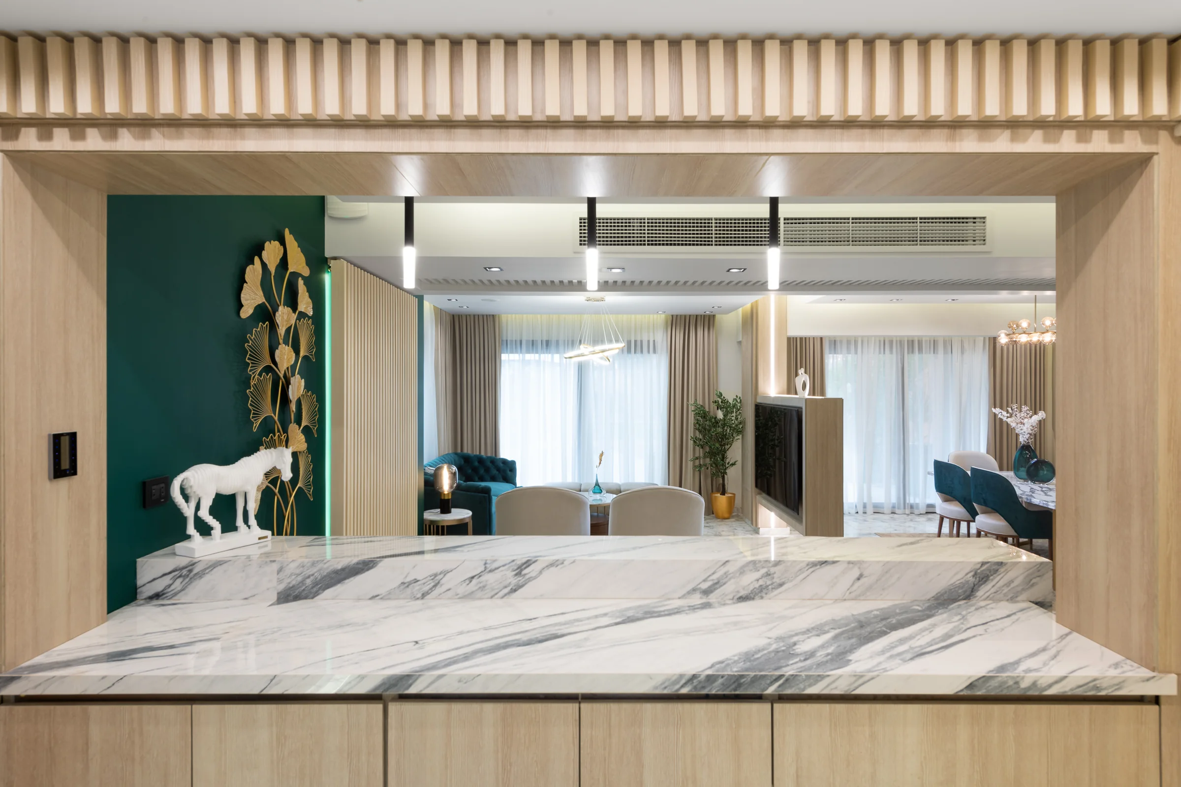 From the kitchen counter through to the living room.