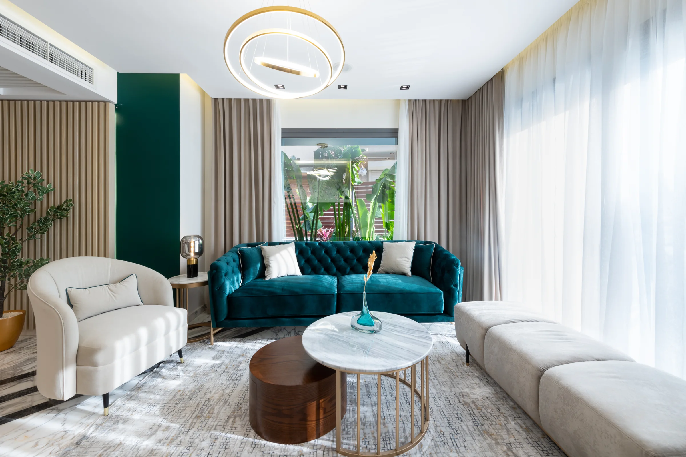 Seating group under a ring pendant.