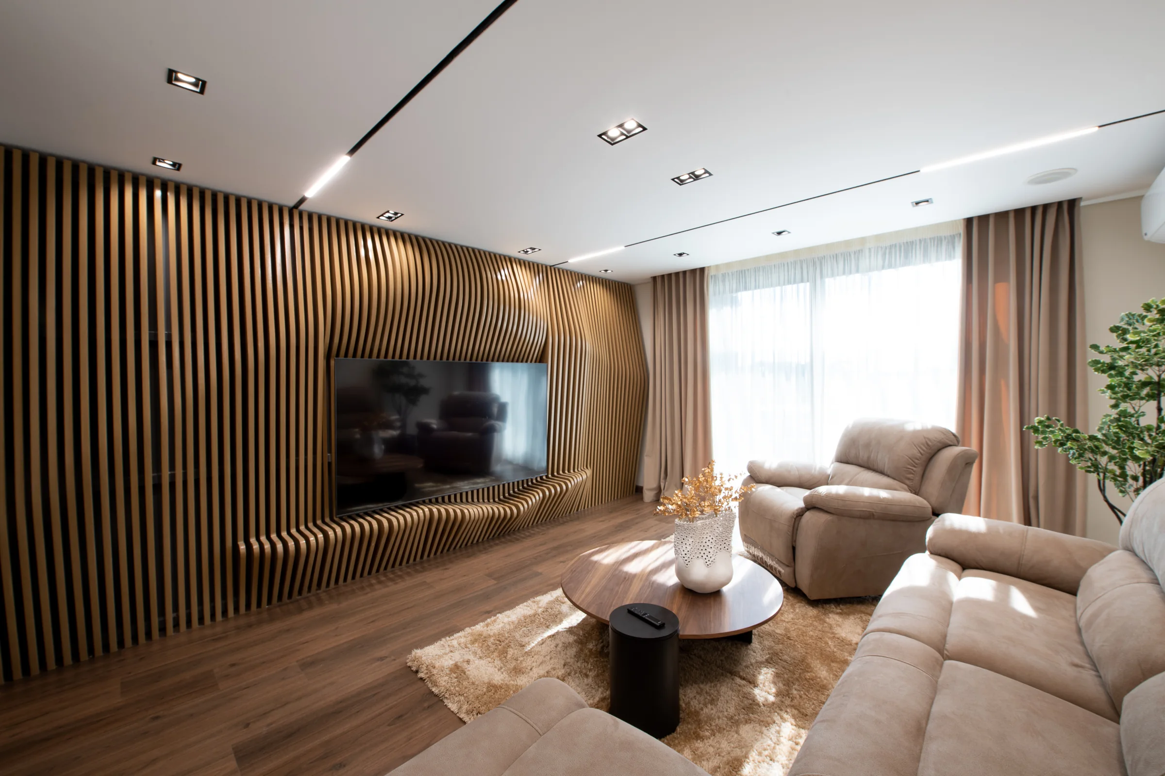 The same wall from the seating, curtains drawn back.