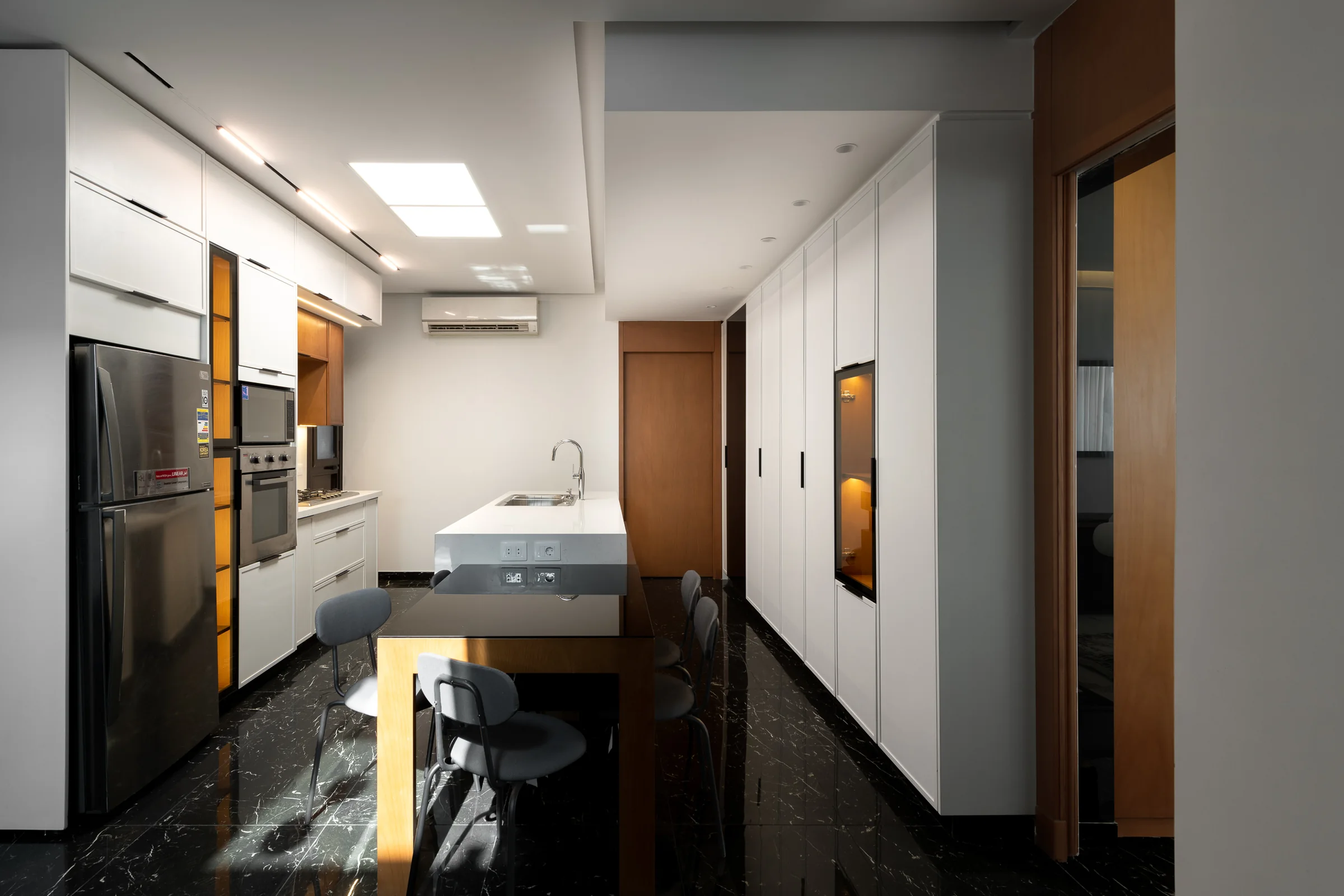 The kitchen along its length.