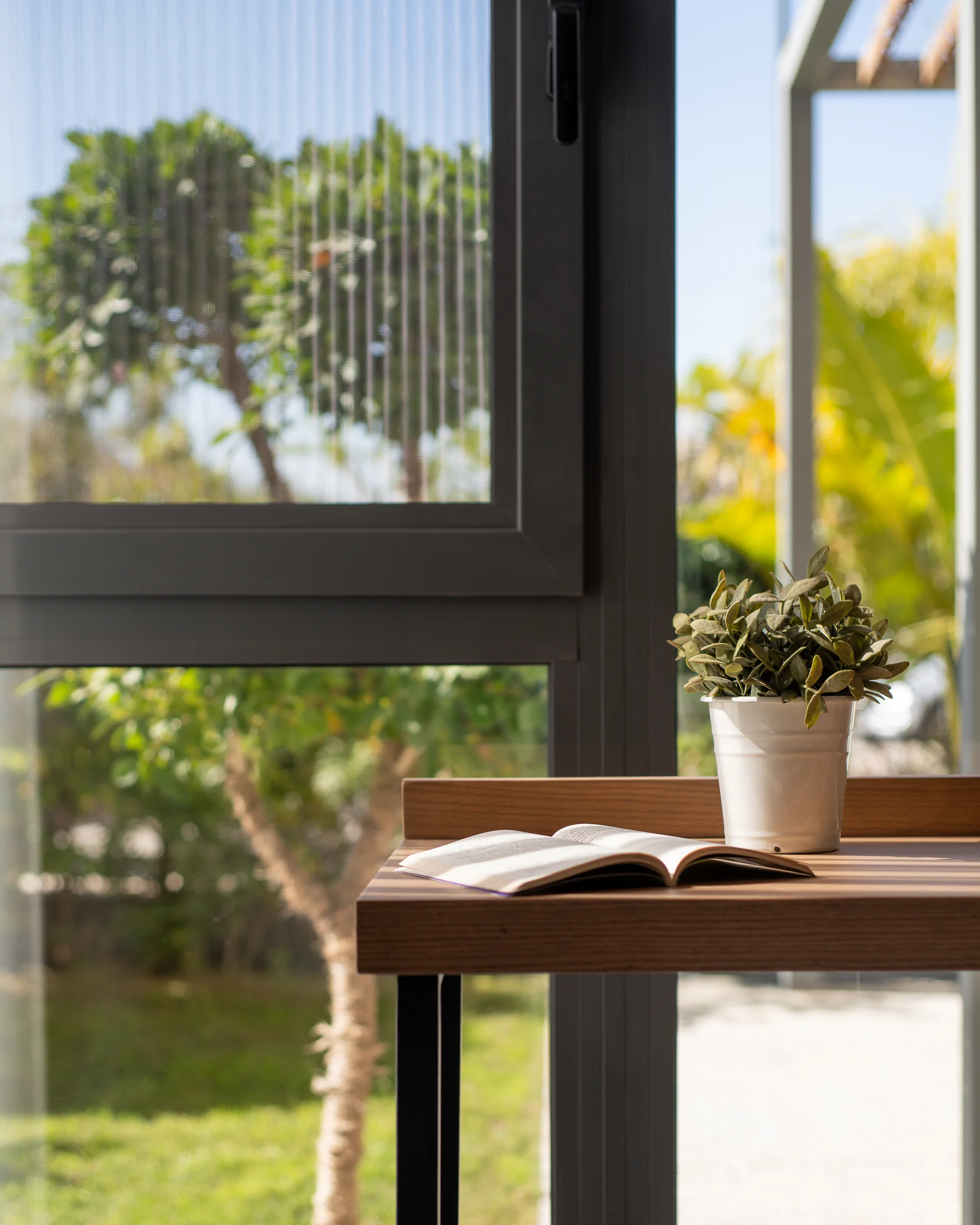 Window seat with the trees outside.
