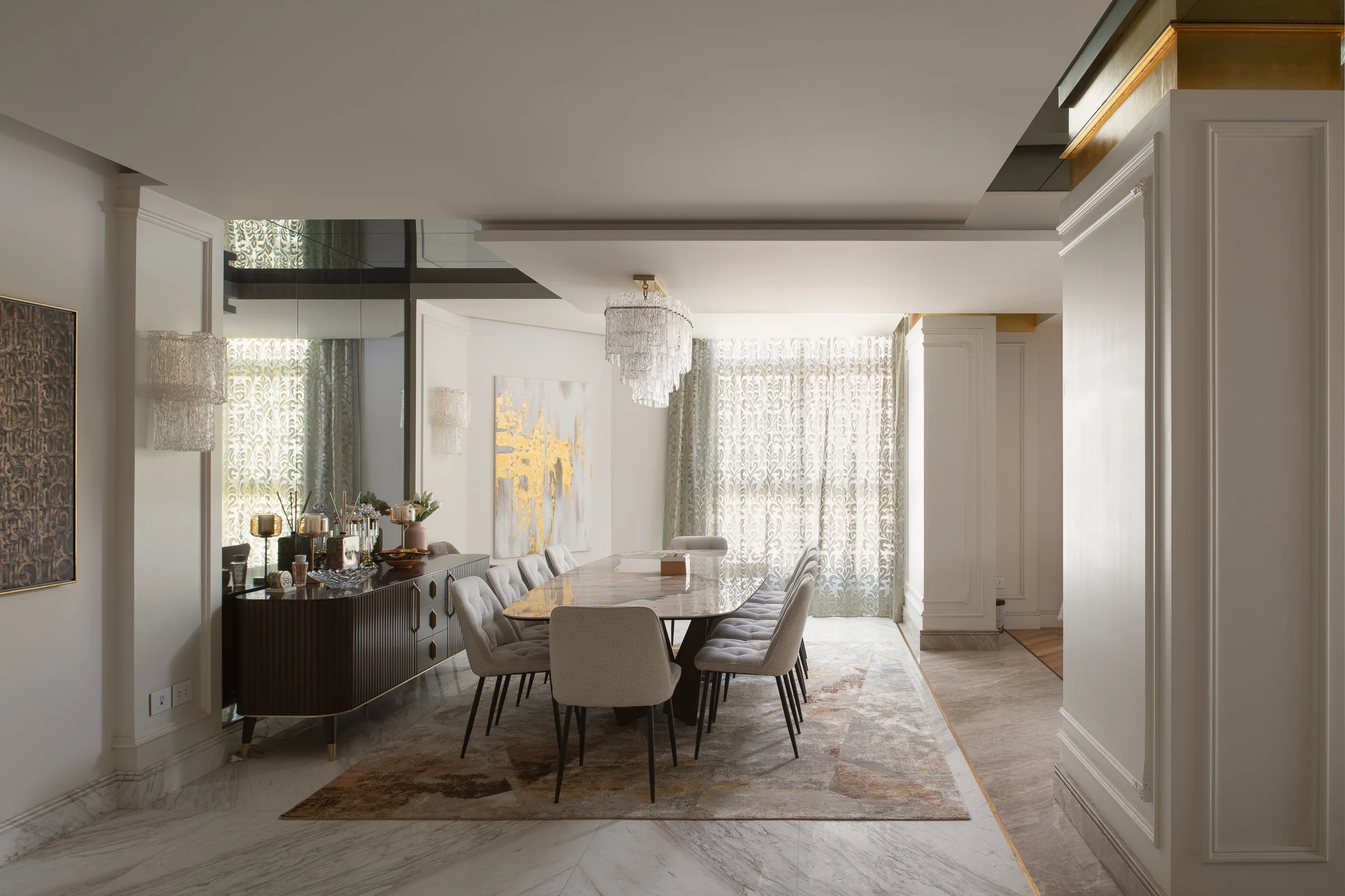 Dining room seen through the panelled opening.